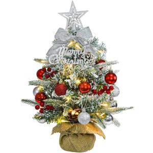Mini-kerstboom met led, 45 cm kleine kerstboom, versierd met kunstsneeuw en ornamenten, mini-dennenboom voor kerstdecoratie, rood zilver