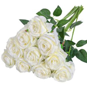 Kunstmatige Zijde Roos Bloem Enkele Stam Levensechte Nep Roos voor Bruiloft Boeket Bloemenarrangementen Huis Feest Bloemstuk Decoratie, 10 stuks (Gebroken Wit)