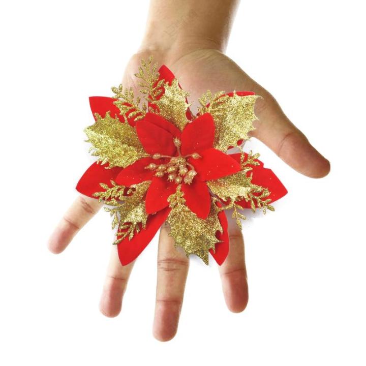 GL-Turelfies 12 STK. Glitzer Weihnachtsblumen (15cm/5,9'') mit 12 STK. Clips Künstliche Weihnachtsstern Blumen Weihnachtsbaum Blumenschmuck Weihnachtsbaum Ornamente (rot)