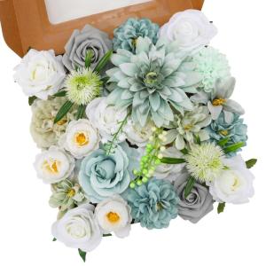 Kunstbloemen, combi, blauwe bloemen, zijden bloemen, dahlia-rozen met stelen voor bruiloft, bruidsboeketten, tafeldecoratie, babyshower, bloemstuk, woondecoraties