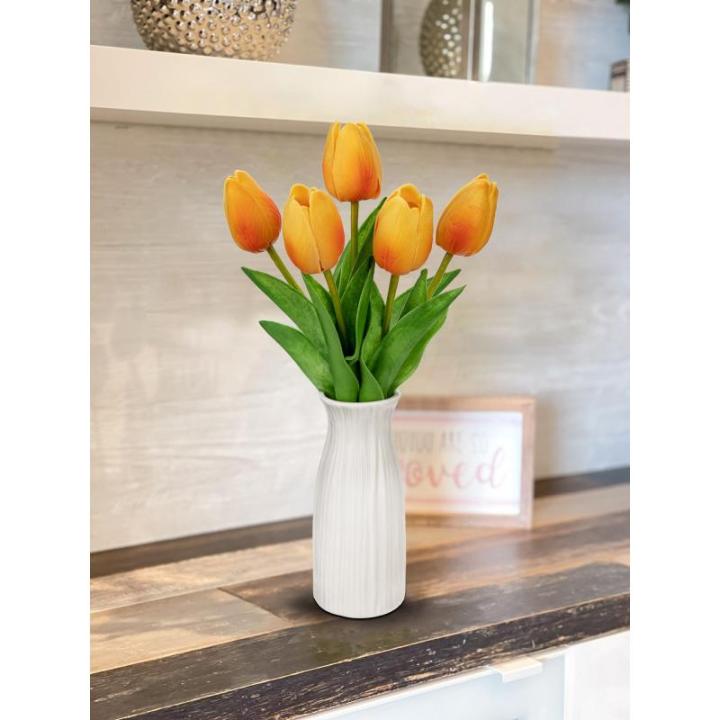 Kunstbloemen kunsttulpen bloemen als echte real touch tulpen, hoogte 30 cm, met vaas van keramiek, decoratieve kunstplant (oranje)