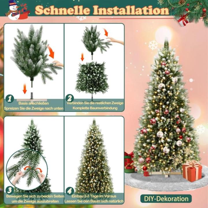 Kunstkerstboom met verlichting, sneeuweffect, 150 cm, kerstboom met standaard, groen pvc + PE dennenboom