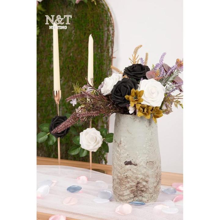 Kunstbloemen, rozen, 25 stuks, kunstrozen met stelen, kunstbloemen voor doe-het-zelf bruiloft, boeketten, bruid, babyshower, woondecoratie, wit en zwart
