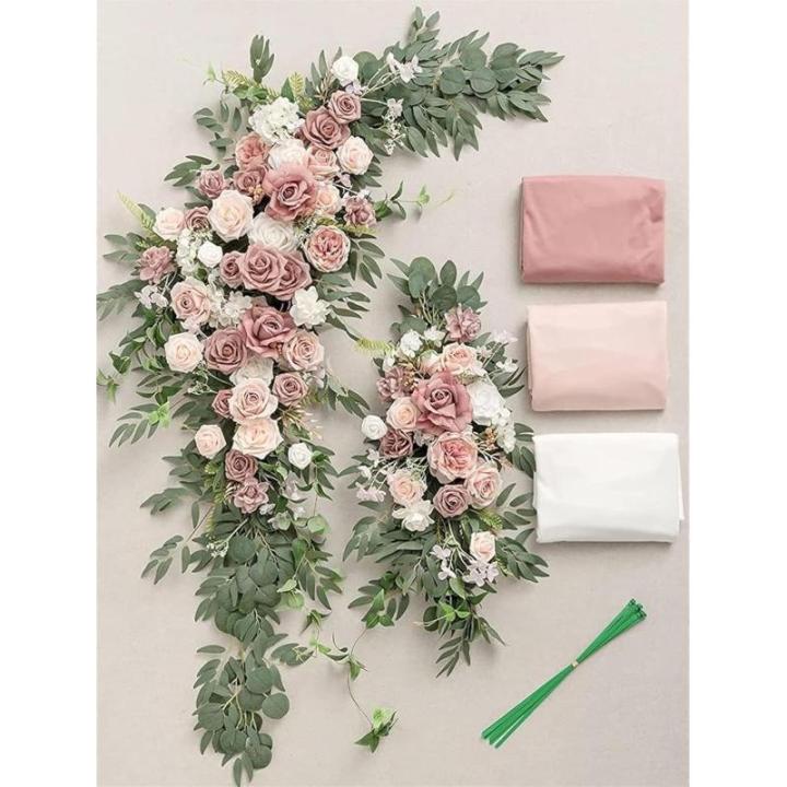 Künstliche Hochzeitsbogenblumen (5er-Pack) mit 2 Blumengirlanden und 3 durchscheinenden Gaze-Drapierstoffen für Hochzeitsfeier, Kaminsims, Tischläufer, Heimdekoration, 9