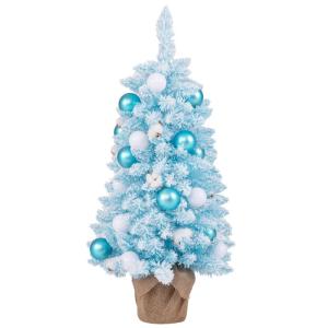 90 cm Mini künstlicher Weihnachtsbaum, Tannenbaum klein mit Schnee & Zementbasis, Chirstbaum mit 136 Spitzen, 12 Wattekugeln & 24 Weihnachtskugeln, Kunstbaum Dekobaum für Zuhause
