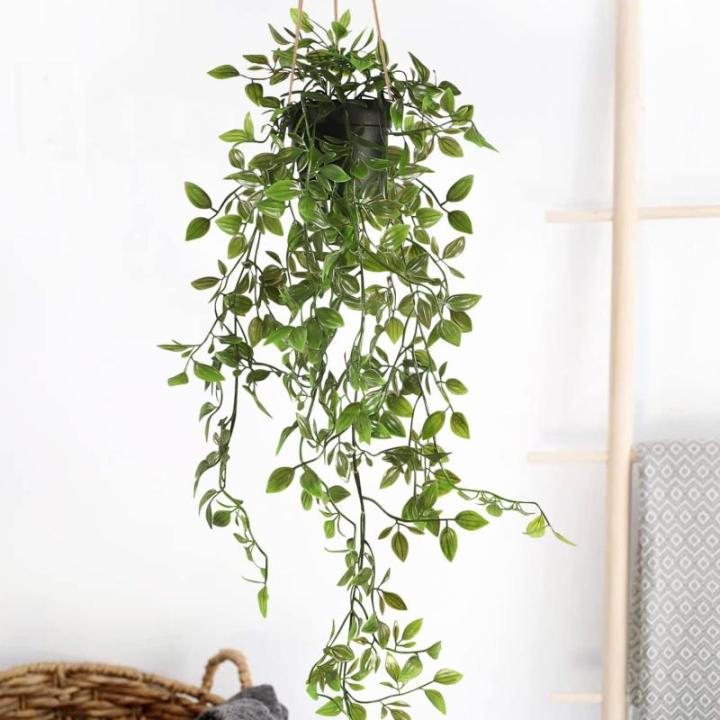 Set van 2 kunstmatige potplanten hangende wijnstokken groene hangende in potten faux hangende planten binnenshuis kamerplanten opknoping voor plank woonkamer badkamer keuken muur