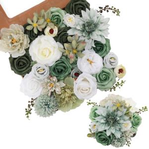 Groene kunstmatige bloem combo nep roos faux dahlia bloemen met stengels voor doe-het-zelf bruiloft bruidsboeket party woondecoratie