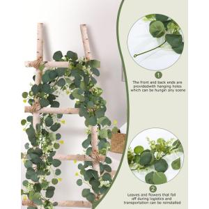 2 stuks eucalyptus slinger met witte bloemen, eucalyptus-decoratie, kunstslinger, planten, 1,8 m hangend, slinger, groen, bladerenslinger, voor bruiloft, tafeldecoratie, buiten, wo