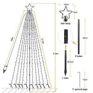 Kerstverlichting met ring en sterren, 10 slingers van 2,1 m, 450 leds, kerstboomlichtketting voor buiten, met afstandsbediening, 8 modi, dimbaar, warmwit, voor gazon en tuin