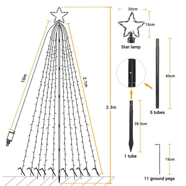 Kerstverlichting met ring en sterren, 10 slingers van 2,1 m, 450 leds, kerstboomlichtketting voor buiten, met afstandsbediening, 8 modi, dimbaar, warmwit, voor gazon en tuin