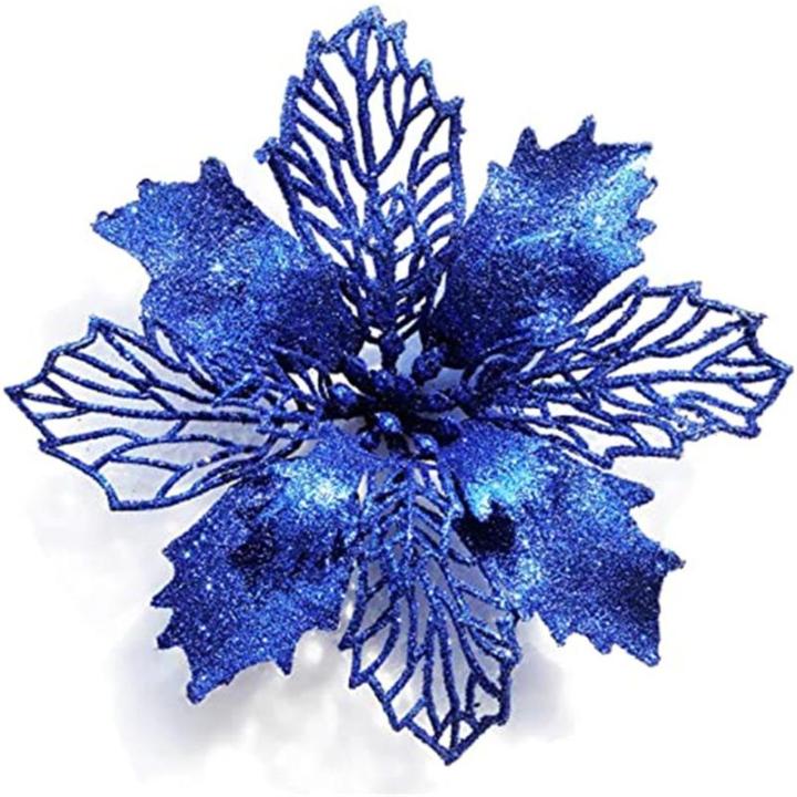 24 Stück Weihnachtsblumen für Weihnachtsbaumdeko, Weihnachten Funkeln Weihnachtsstern Blumen mit Clips für Hochzeit Weihnachtsbaum Neujahr Ornamente (Blau,11 cm)