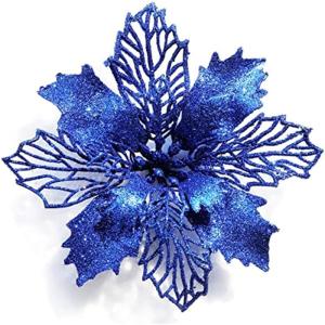 24 Stück Weihnachtsblumen für Weihnachtsbaumdeko, Weihnachten Funkeln Weihnachtsstern Blumen mit Clips für Hochzeit Weihnachtsbaum Neujahr Ornamente (Blau,16 cm)