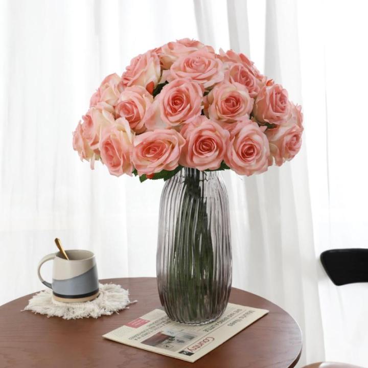 10 stuks kunstmatige zijden roos bloemen enkele stengel neprozen bloemen voor thuis feest bruiloft boeket (vlees roze)