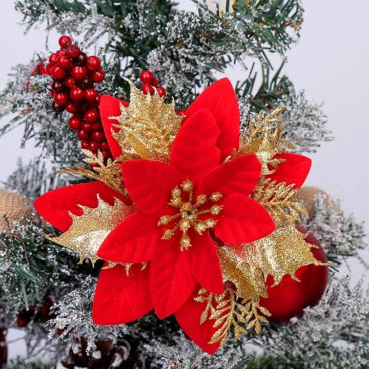 GL-Turelfies 12 STK. Glitzer Weihnachtsblumen (15cm/5,9'') mit 12 STK. Clips Künstliche Weihnachtsstern Blumen Weihnachtsbaum Blumenschmuck Weihnachtsbaum Ornamente (rot)