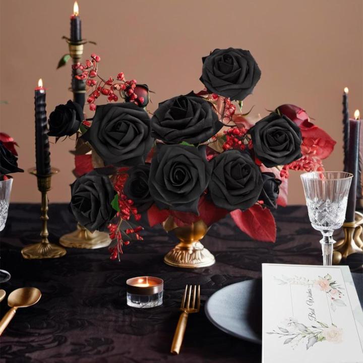 Kunstbloemen, zwarte rozen, 30 stuks, 8 cm, boeket, kunstdecoratie, bloemen, kunstrozen met stelen en kaart voor Valentijnsdag, tuin, verjaardag, feest, doe-het-zelf bruiloftsdecor
