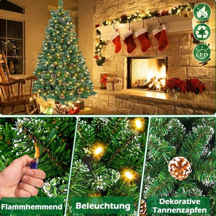 180cm PVC Kunstkerstboom Kerstboom met LED, met metalen standaard, voor Kerstdecoratie, Sneeuweffect+pijnappel+LED