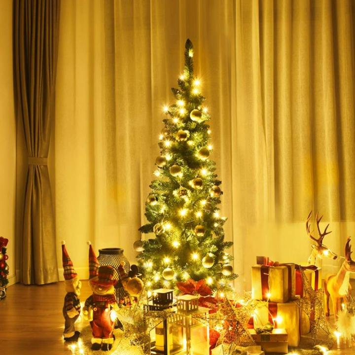 Kerstboom met warmwitte ledverlichting, kunstkerstboom met klapsysteem en metalen standaard, pvc-naalden, kunstboom, kerstgroen, 135 x 200 x 225 cm