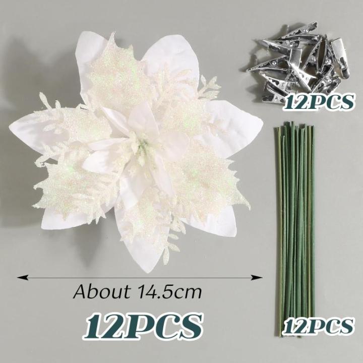 12 stuks glitter kerstster bloemen kerstbloemen met 12 stuks kunststof wortelstokken 12 stuks clips kunstglitter kerstboom bloemen voor kerstboom Nieuwjaar decoraties