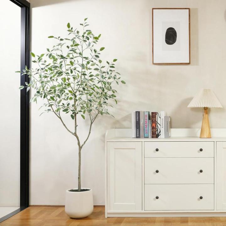 Ficus Benjamina Kunstplant 180 cm, witte pot, nep tropische plastic , groot voor woondecoratie, slaapkamer, tuin (1 stuks)