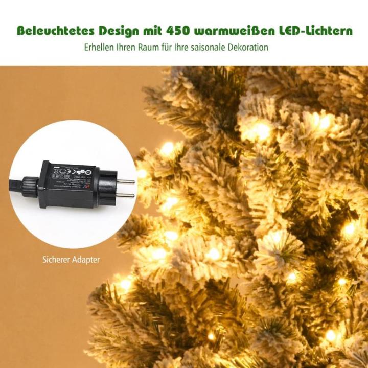 Kunstkerstboom met sneeuw en warmwitte ledverlichting, dennenboom met metalen standaard, pvc-naalden, kunstboom, klapsysteem, 225 cm, 180/225 cm