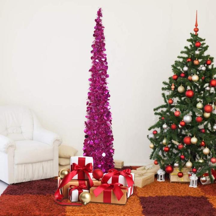 Kerstboom met standaard, 150 cm, pop-up kerstboom, lametta, kustkerstboom, voor feestdagen, kerstdecoraties, woondecoratie, kantoordecoratie, rozerood