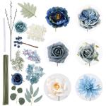 Künstliche Blumen Combo Dusty Blue Flowers Mix Silk Flowers Dahlie Rosen mit Stielen für DIY Hochzeit Brautsträuße, Babyparty, Blumenarrangement, Tischaufsätze, Heimdekoration