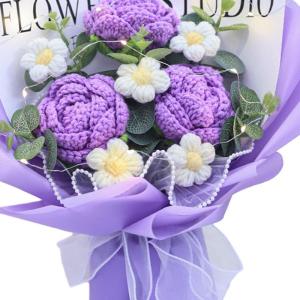 Gehäkelter Blumenstrauß mit Licht, Fertig Gestrickter Strauß, Kunstblume, Handgemachter Strickstrauß Zum Valentinstag, violett