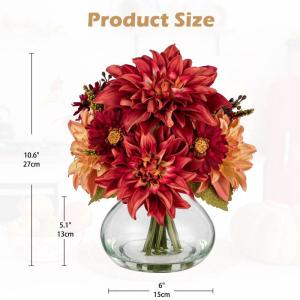 Dalia Kunstbloemen als echt in ovale glazen vaas met kunstwater, decoratieve bloemen, chrysant bloemstuk voor thuis, woonkamer, badkamer, herfst, decoratie