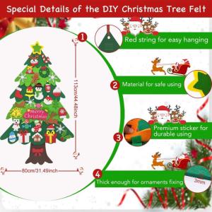 Vilten kerstboom, 10 m, doe-het-zelf vilten kerstboomset voor kinderen, kerstdecoratie, hangende decoratie met afneembare hangende ornamenten, vilten kerstboom voor thuis/deur/muur
