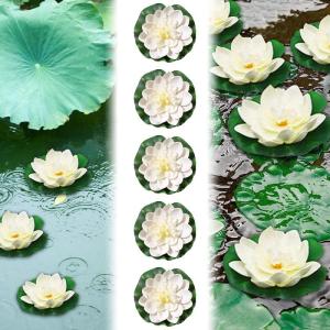 Kunstwaterlelie, 5 stuks, 10 cm, drijvende bloemen, waterlelie, wit, waterlelie, kunstbloemen, lotusbloem, kunstlotus, kunstlotusbloem voor tuinvijver, decoratie, tuin