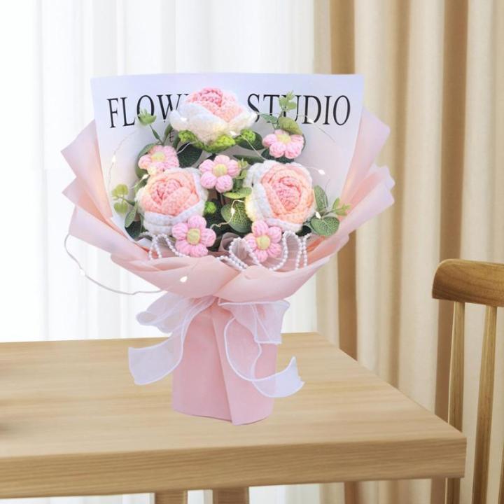 Gehäkelter Blumenstrauß mit Licht, Fertig Gestrickter Strauß, Kunstblume, Handgemachter Strickstrauß Zum Valentinstag, Rosa