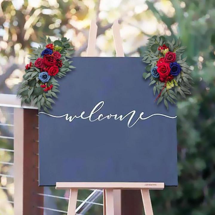 Bruiloftsboogbloemen, bloemenslingers voor bogen, woondecoratie, groene bladeren, kunstbloemenslingerset voor binnen, set van 2 voor recepties, rood blauw