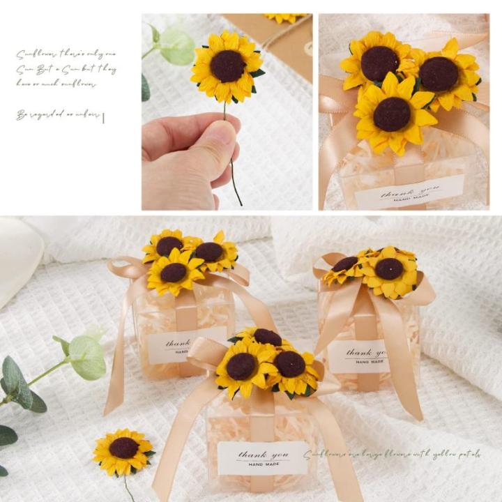100 stuks kunstzonnebloemen, 3,5 cm, met 90 stickers, decoratieve bloemen, klein met metaaldraad, met steel, feest, bruiloft, doe-het-zelf, plakboek, kaarten, decoratie