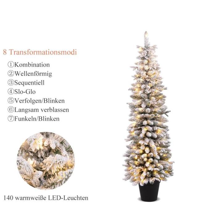 Kunstkerstboom met sneeuw, 120/140 warmwitte leds, 8 transformatiemodi, 249/334 takpunten, van PE en pvc, 150 cm/180 cm, met cementbasis (180 cm)