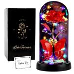 De eeuwige roos "Belle und the Beast", Galaxy Rose, cadeau voor vriendin, roos in een glazen koepel met ledlicht, cadeau voor mama (rood)