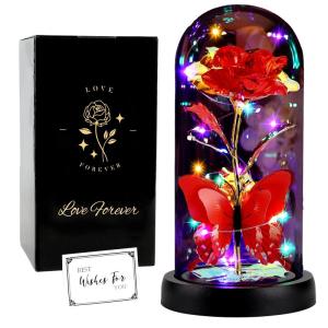 De eeuwige roos "Belle und the Beast", Galaxy Rose, cadeau voor vriendin, roos in een glazen koepel met ledlicht, cadeau voor mama (rood)