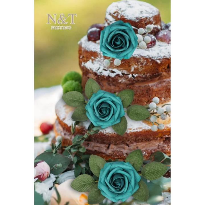 Kunstbloemen, rozen, 25 stuks, rozen decoratie met stelen, kunstrozen voor bruiloft, Valentijnsdag, Moederdag, babyshower, woondecoratie, malachiet groen