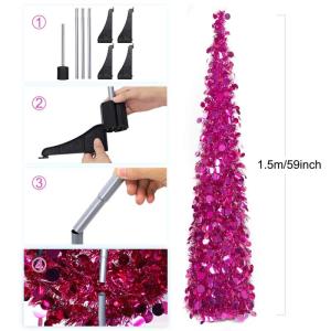 Kerstboom met standaard, 150 cm, pop-up kerstboom, lametta, kustkerstboom, voor feestdagen, kerstdecoraties, woondecoratie, kantoordecoratie, rozerood