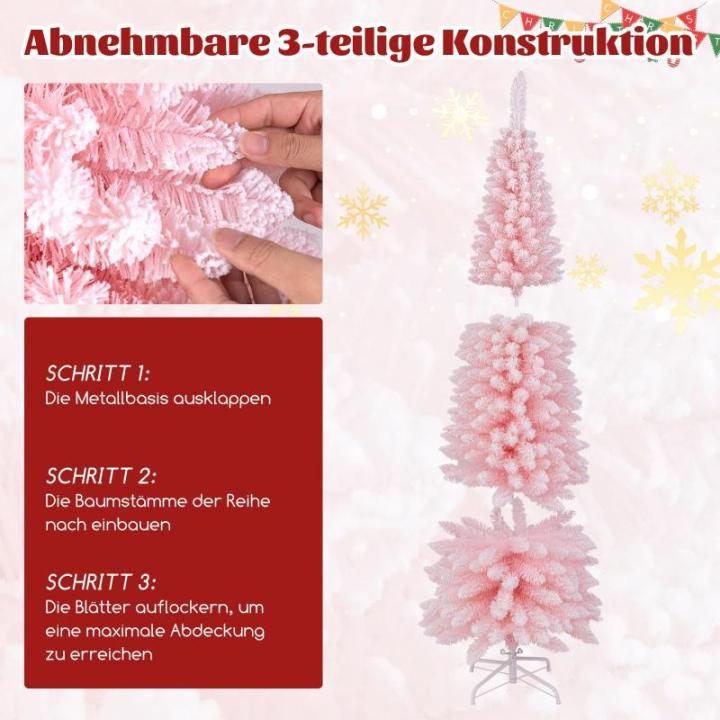 Kunstkerstboom, potlood, 180 cm, dennenboom met sneeuw, kerstboom met 460 takken en inklapbare metalen standaard, slanke kunstboom, Kerstmis voor thuis, kantoor, roze