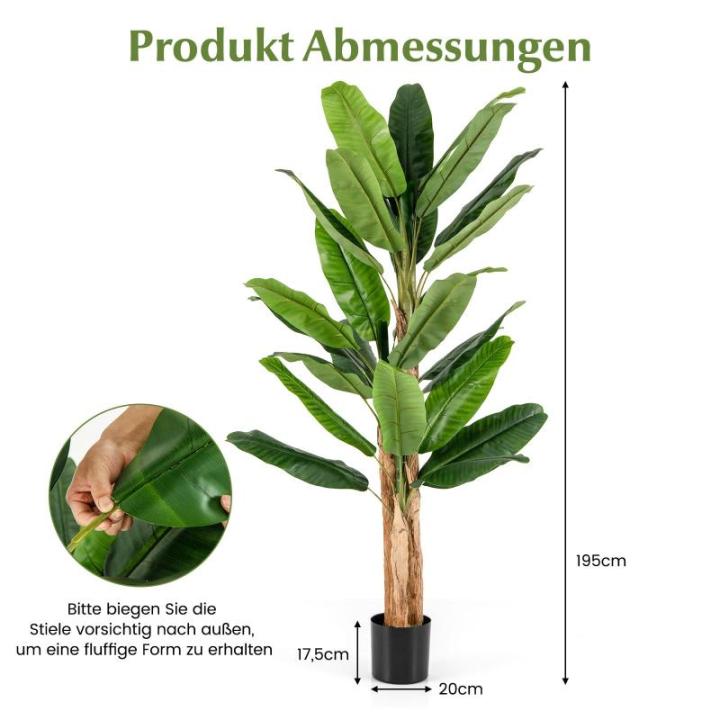 Bananenboom, kunstplant, kunstplant, banaan, 195 cm, grote kunstplant, bananenplant met 27 bladeren, kunstplant, plastic plant, decoratieve plant voor woonkamer, slaapkamer, kantoo