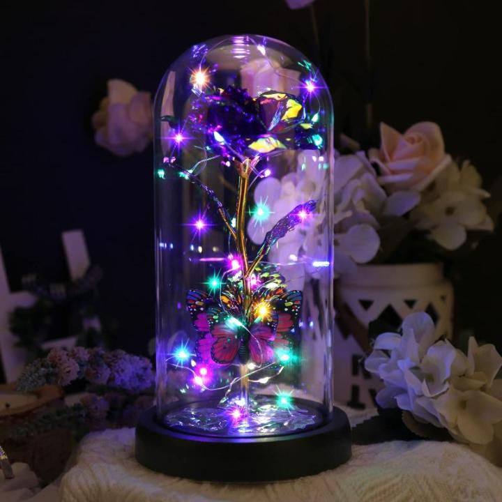 De mooie en het Beest Eeuwige Rose, Galaxy Rose, cadeau voor vriendin, roos in een glazen koepel met ledlicht, cadeau voor mama (paars)
