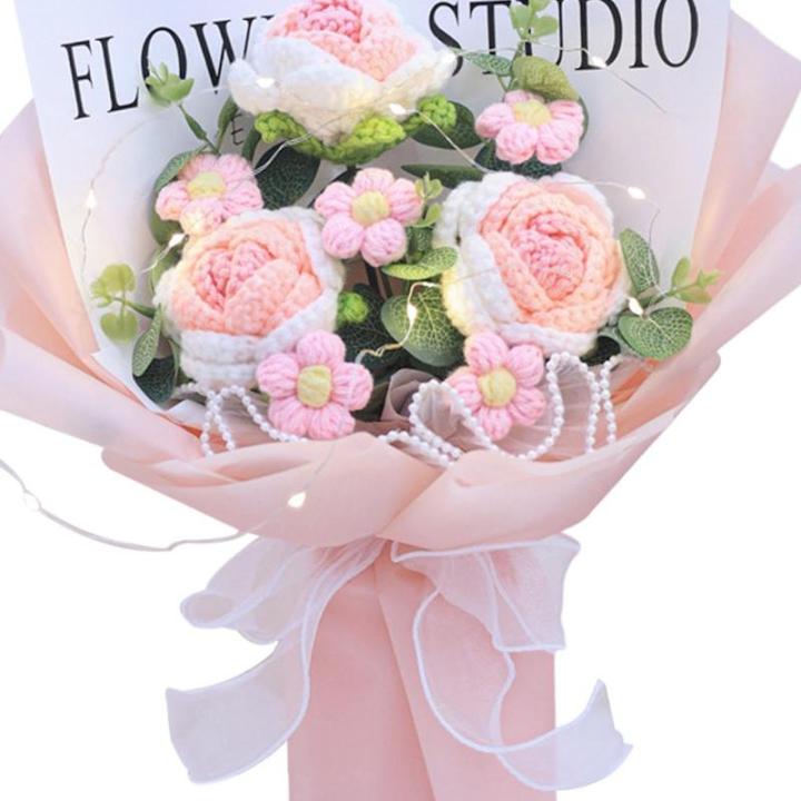 Gehäkelter Blumenstrauß mit Licht, Fertig Gestrickter Strauß, Kunstblume, Handgemachter Strickstrauß Zum Valentinstag, Rosa