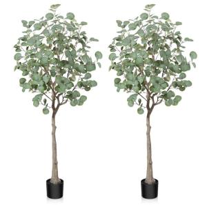 Kunstmatige eucalyptusboom, 150 cm, nep-eucalyptusboom met groene zilveren dollarbladeren, zijden faux eucalyptusboom met plastic kwekerijpot, voor thuiskantoor en binnendecoratie,