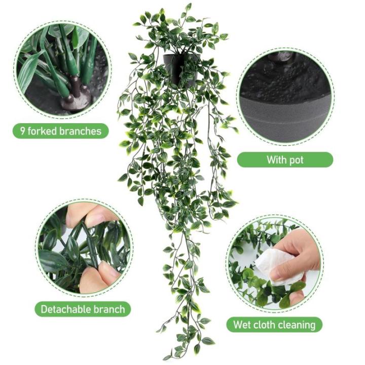Kunstplant 3 stuks, , hangend met potten, , wijnstok, decoratie, woonkamer, hangend, plastic planten voor binnen en buiten, tuindecoratie (groen)