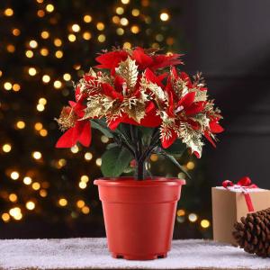 Verlichte kerststerren, kunstkerstbloemen, verlichte rood-gouden kerststerplanten in potten, kunstkerststerren van zijde, (B)
