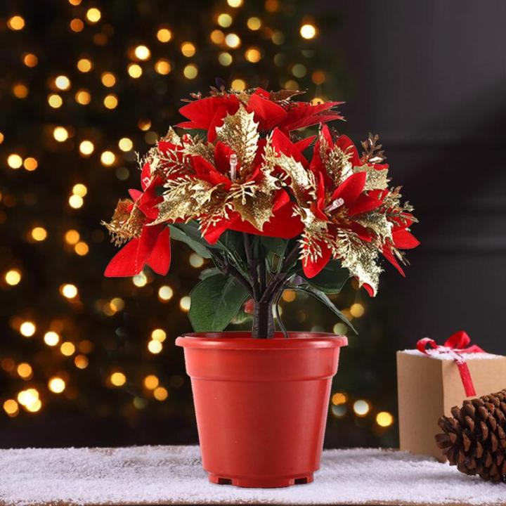 Verlichte kerststerren, kunstkerstbloemen, verlichte rood-gouden kerststerplanten in potten, kunstkerststerren van zijde, (B)