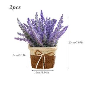 Künstliche Blumen in Töpfen 2pcs Kleine realistische künstliche Lavendel rustikale Kunststoffpflanzen mit Weaven -Topf gefälschten Bonsai -Pflanzen Hochzeit Party Tisch Dekorat