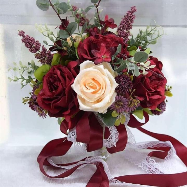 Hochzeitsstrauß for die Braut mit künstlichen Blumen, 10-Zoll-Hochzeitssträuße, künstlich blühende Rosen, Brautjungfernstrauß, Seidenrosen-Wurfsträuße.(Red)