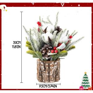 Mini-kerstboom, potplant, 30 cm, kerstboom, versierde tafel, kunstkerstboom met dennenappels, katoen, bessen en bladeren, voor interieur, open haard, kerstdecoratie