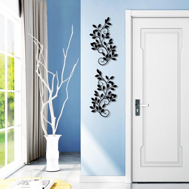 2 stuks metalen boomblad wanddecoratie wijnstok olijftak blad muurkunst ornament muur opknoping bord voor boven deur, woonkamer, kantoor, binnen en buiten decoratie (zwart)